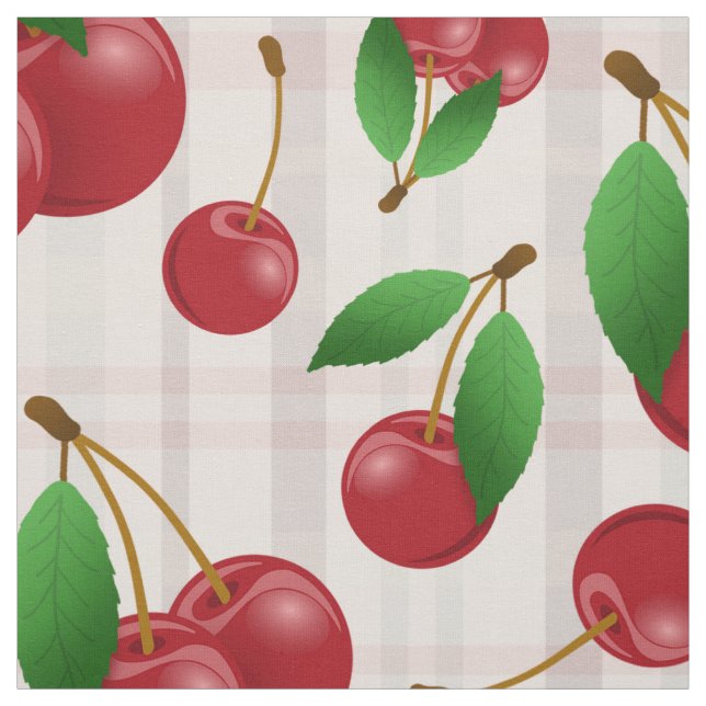 red cherries fruit pattern on faded pastel plaid fabric (Swatch)