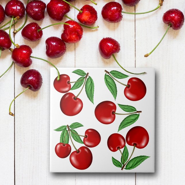 Red Cherries Fruit Pattern Tile (Cherries ceramic tile, great for kitchen backsplash, tabletops or buy optional frame for wall decor.)