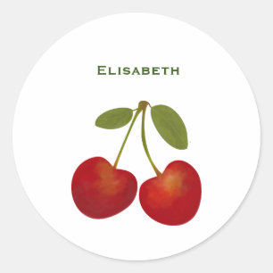 Red cherries fruit personalize name classic round sticker