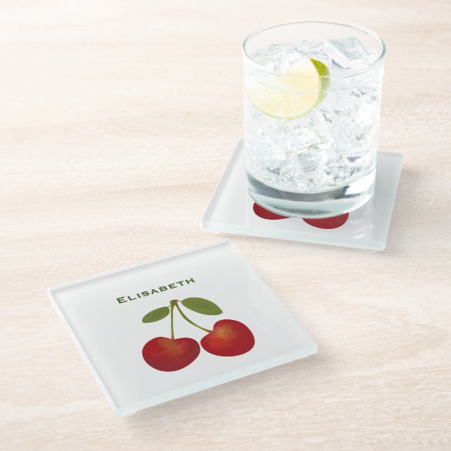 Red cherries fruit personalize name glass coaster (Angled)