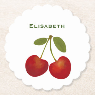 Red cherries fruit personalize name paper coaster