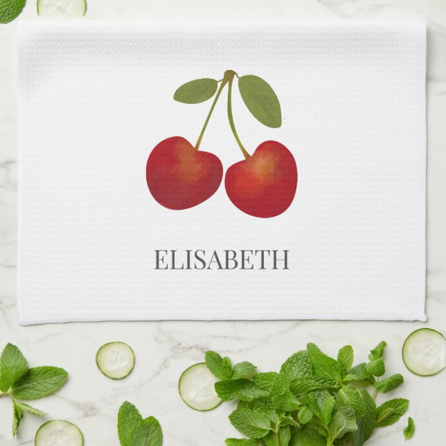 Red Cherries Fruit Personalized Name Kitchen Towel (Folded)
