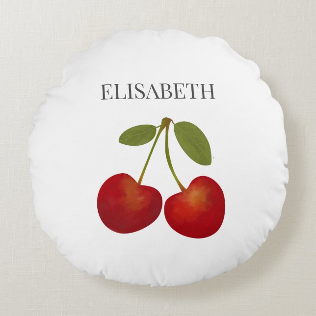 Red Cherries Fruit Personalized Name Round Pillow (Front)