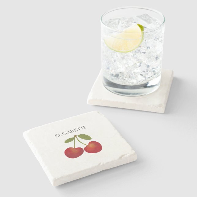 Red Cherries Fruit Personalized Name Stone Coaster (Side)