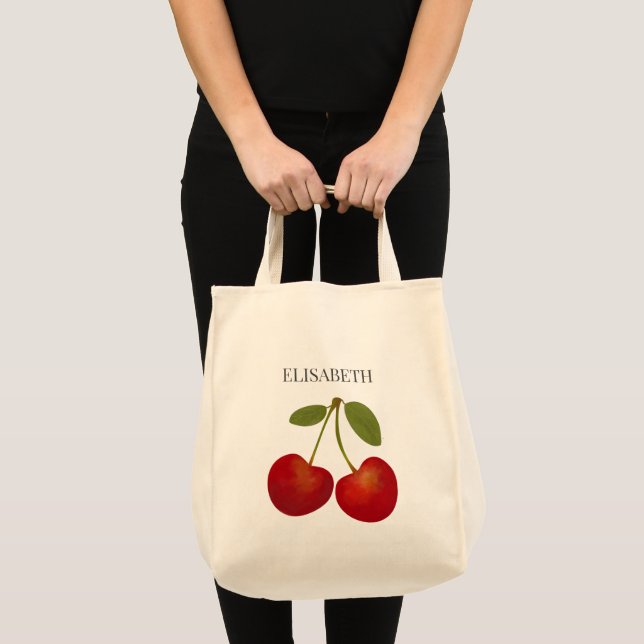 Red Cherries Fruits Personalize Name Custom Tote Bag (Front (Product))