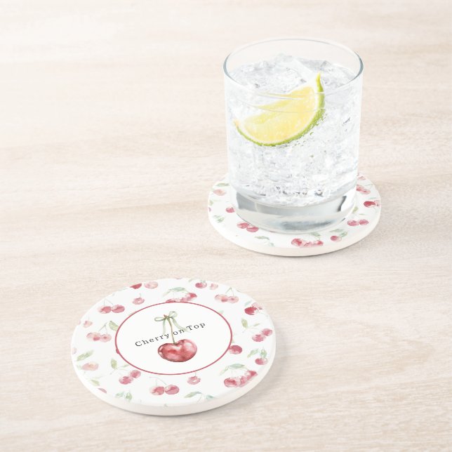 Red Cherries Green Leaves Coaster (Side)