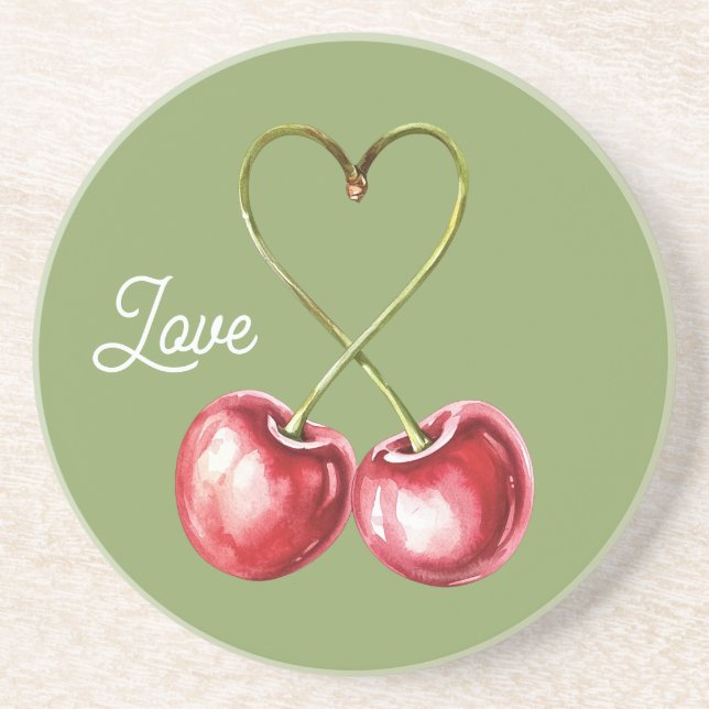 Red Cherries Green Leaves Coaster (Front)