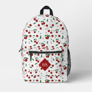 Red Cherries Greenery & Cherry Blossoms Monogram Printed Backpack