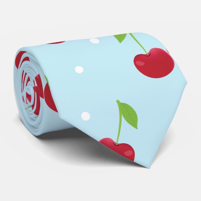 Red Cherries on Baby Blue Polka Dots Tie (Rolled)