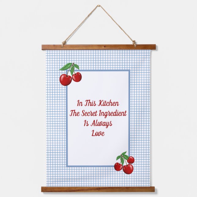 Red Cherries on Blue Checked Print Kitchen Hanging Tapestry (Front)