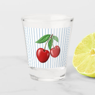 Red Cherries on Blue Striped Pattern Shot Glass
