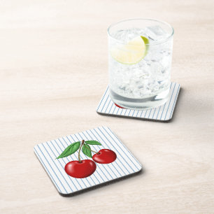 Red Cherries on Blue Stripes Graphic Pattern Coaster