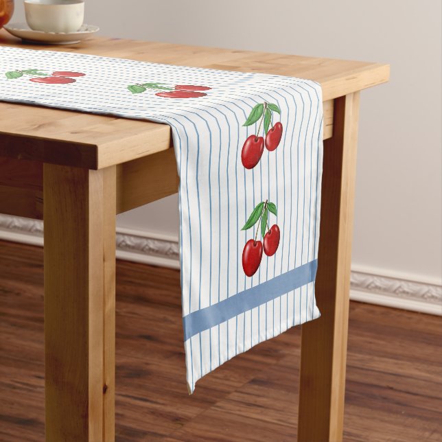 Red Cherries on Blue Stripes Graphic Pattern Long Table Runner (In Situ)