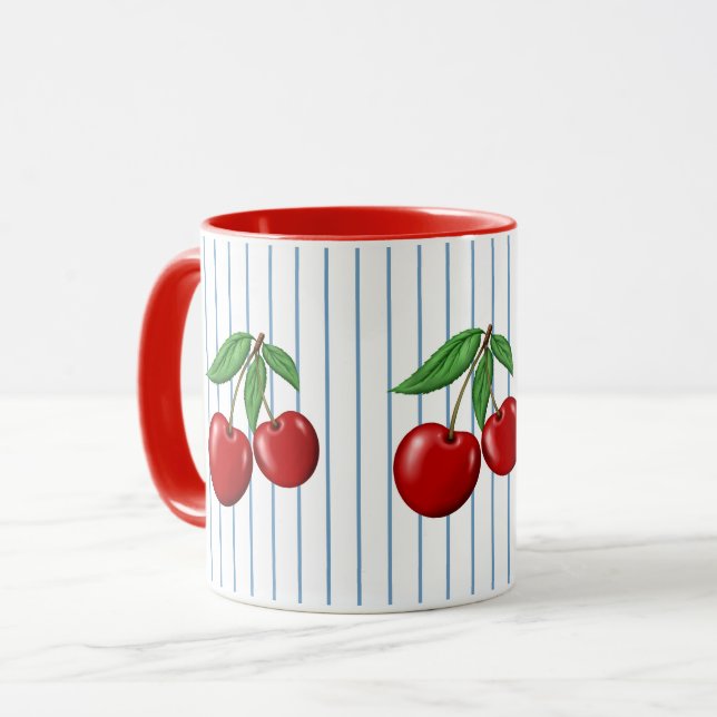 Red Cherries on Blue Stripes Graphic Pattern Mug (Front Left)