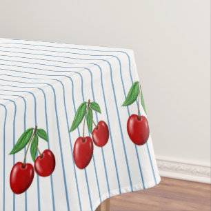 Red Cherries on Blue Stripes Graphic Pattern Tablecloth