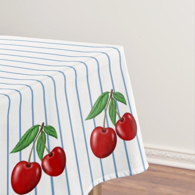 Red Cherries on Blue Stripes Graphic Pattern Tablecloth (In Situ)
