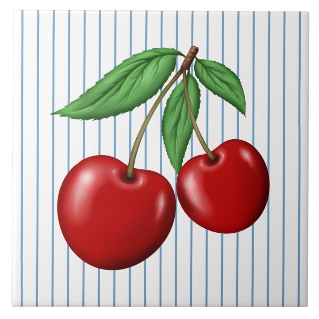 Red Cherries on Blue Stripes Graphic Pattern Tile (Front)