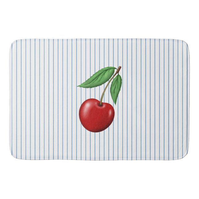 Red Cherries on Blue Stripes Pattern Bath Mat (Front)