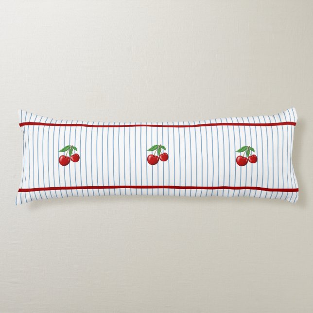 Red Cherries on Blue Stripes Pattern Body Pillow (Front)