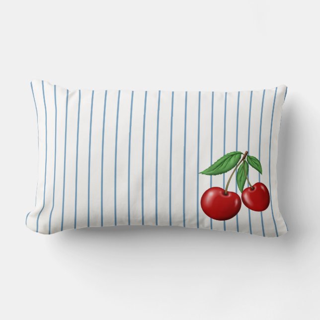 Red Cherries on Blue Stripes Pattern Lumbar Pillow (Front)
