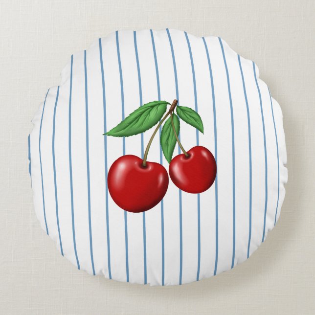 Red Cherries on Blue Stripes Pattern Round Pillow (Front)