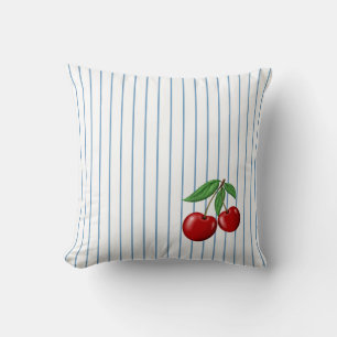 Red Cherries on Blue Stripes Pattern Throw Pillow