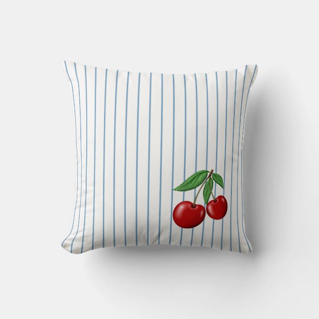 Red Cherries on Blue Stripes Pattern Throw Pillow (Front)