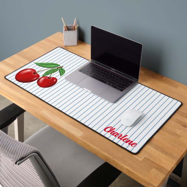 Red Cherries on Blue Stripes Personalized Desk Mat (Office 2)