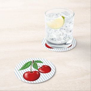 Red Cherries on Blue Stripes Retro Style Round Paper Coaster