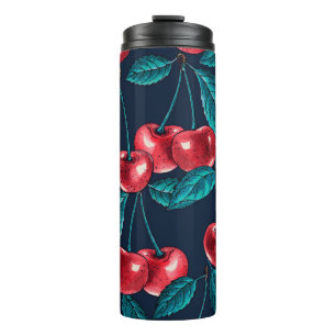 Red cherries on dark blue thermal tumbler