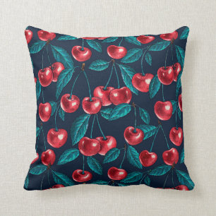 Red cherries on dark blue throw pillow
