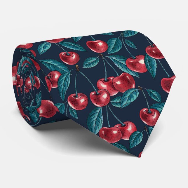 Red cherries on dark blue tie (Rolled)