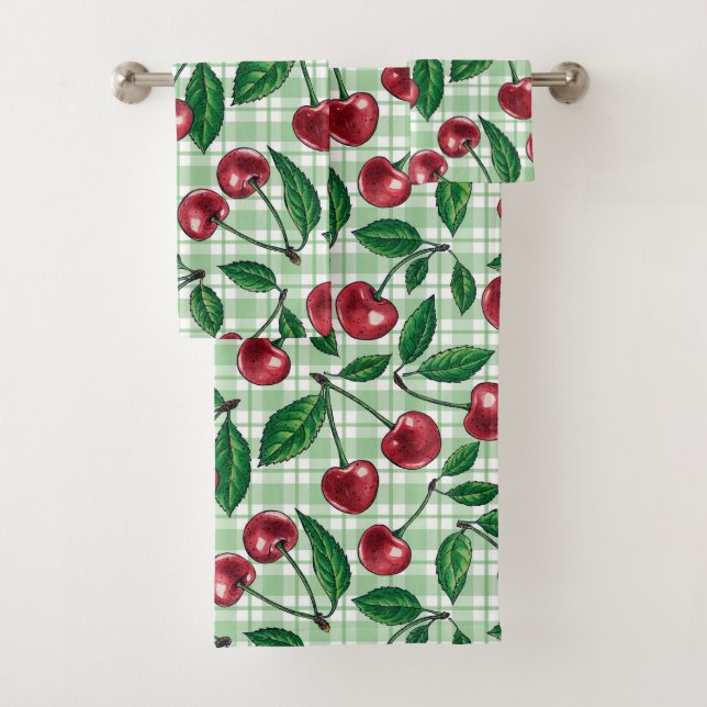 Red cherries on light green gingham (En situation)
