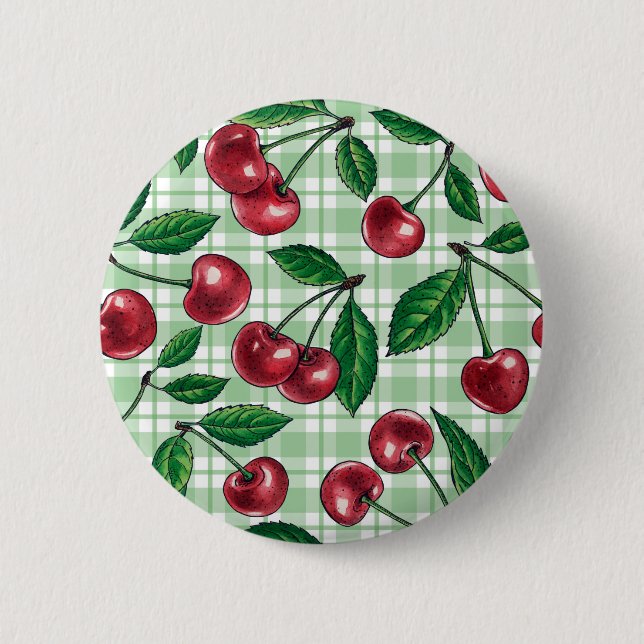 Red cherries on light green gingham 2 inch round button (Front)