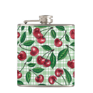 Red cherries on light green gingham hip flask