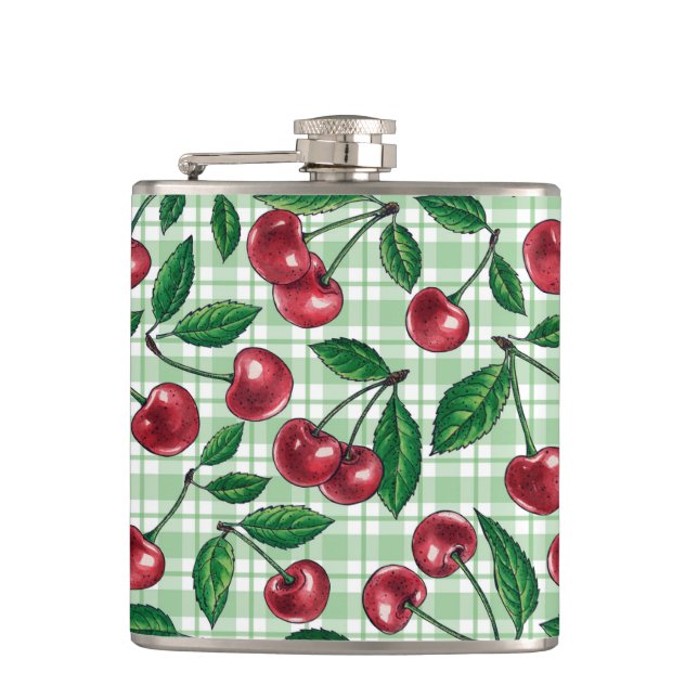 Red cherries on light green gingham hip flask (Front)