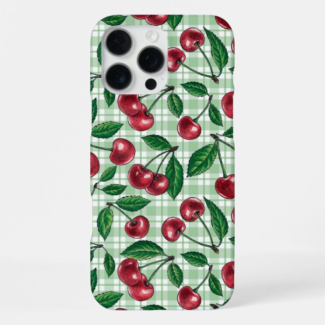 Red cherries on light green gingham iPhone case (Back)