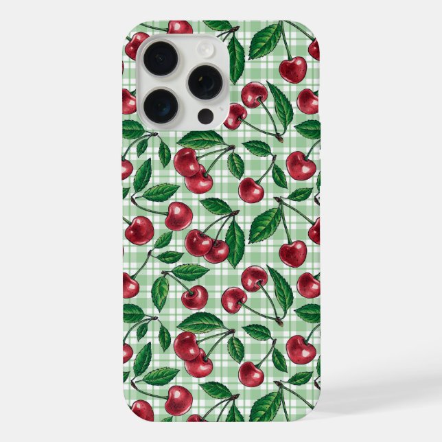 Red cherries on light green gingham iPhone case (Back)