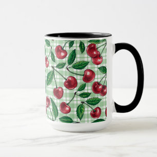 Red cherries on light green gingham mug