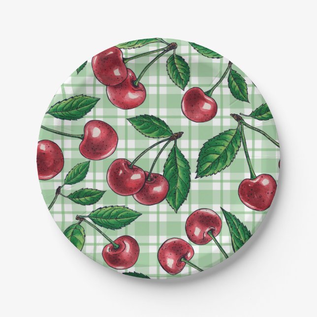 Red cherries on light green gingham paper plate (Front)