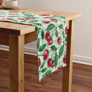 Red cherries on light green gingham short table runner