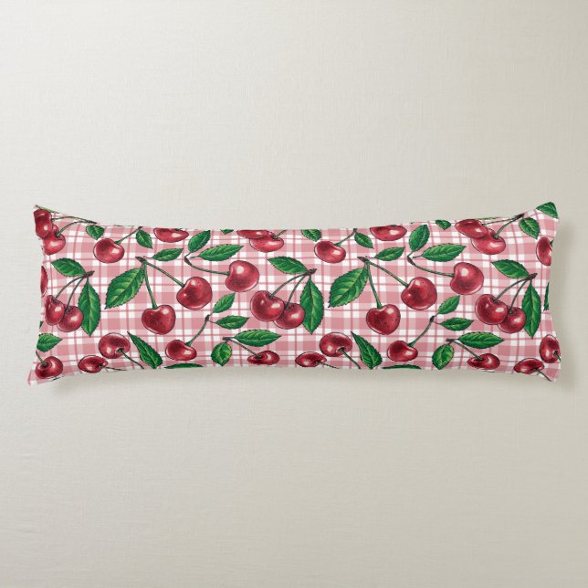 Red cherries on pink gingham body pillow (Front)