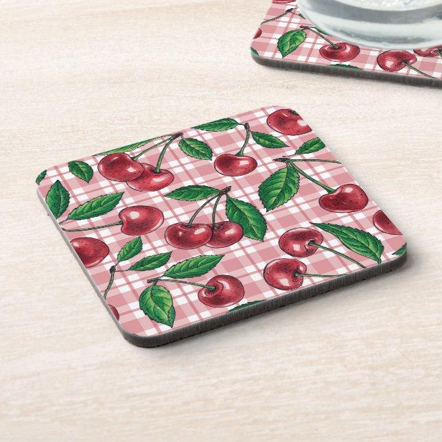 Red cherries on pink gingham coaster (Left Side)