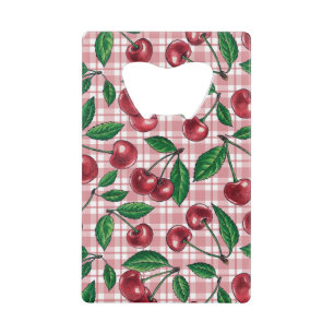 Red cherries on pink gingham credit card bottle opener