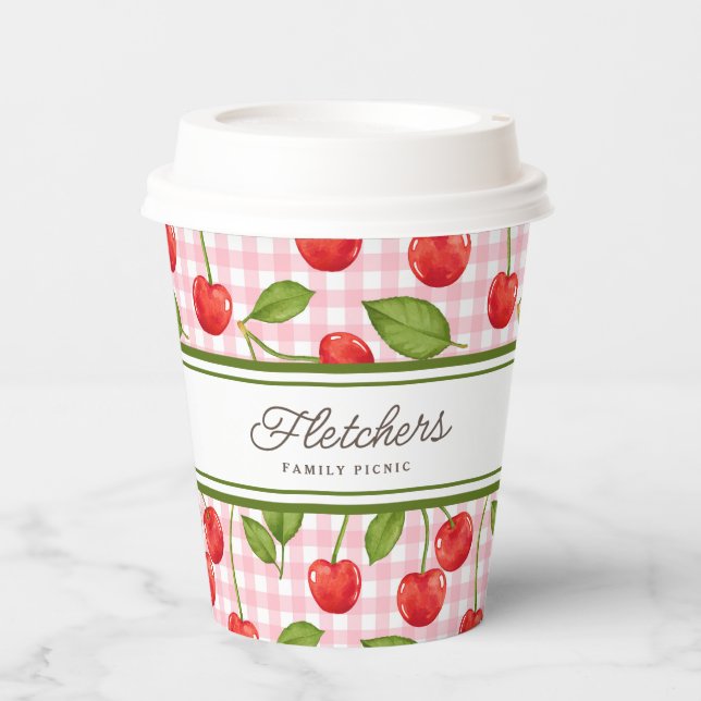 Red Cherries on Pink Gingham Customizable Paper Cups (Front)