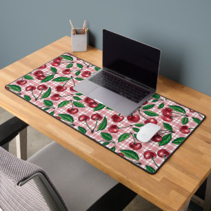 Red cherries on pink gingham desk mat