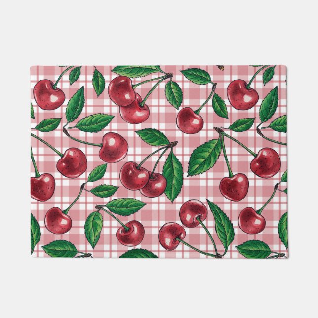 Red cherries on pink gingham doormat (Front)