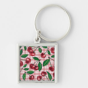 Red cherries on pink gingham keychain