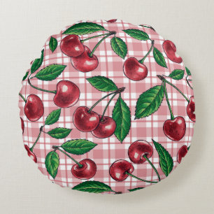 Red cherries on pink gingham round pillow