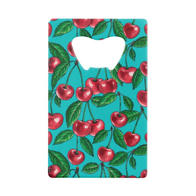 Red cherries on turquoise credit card bottle opener (Front)